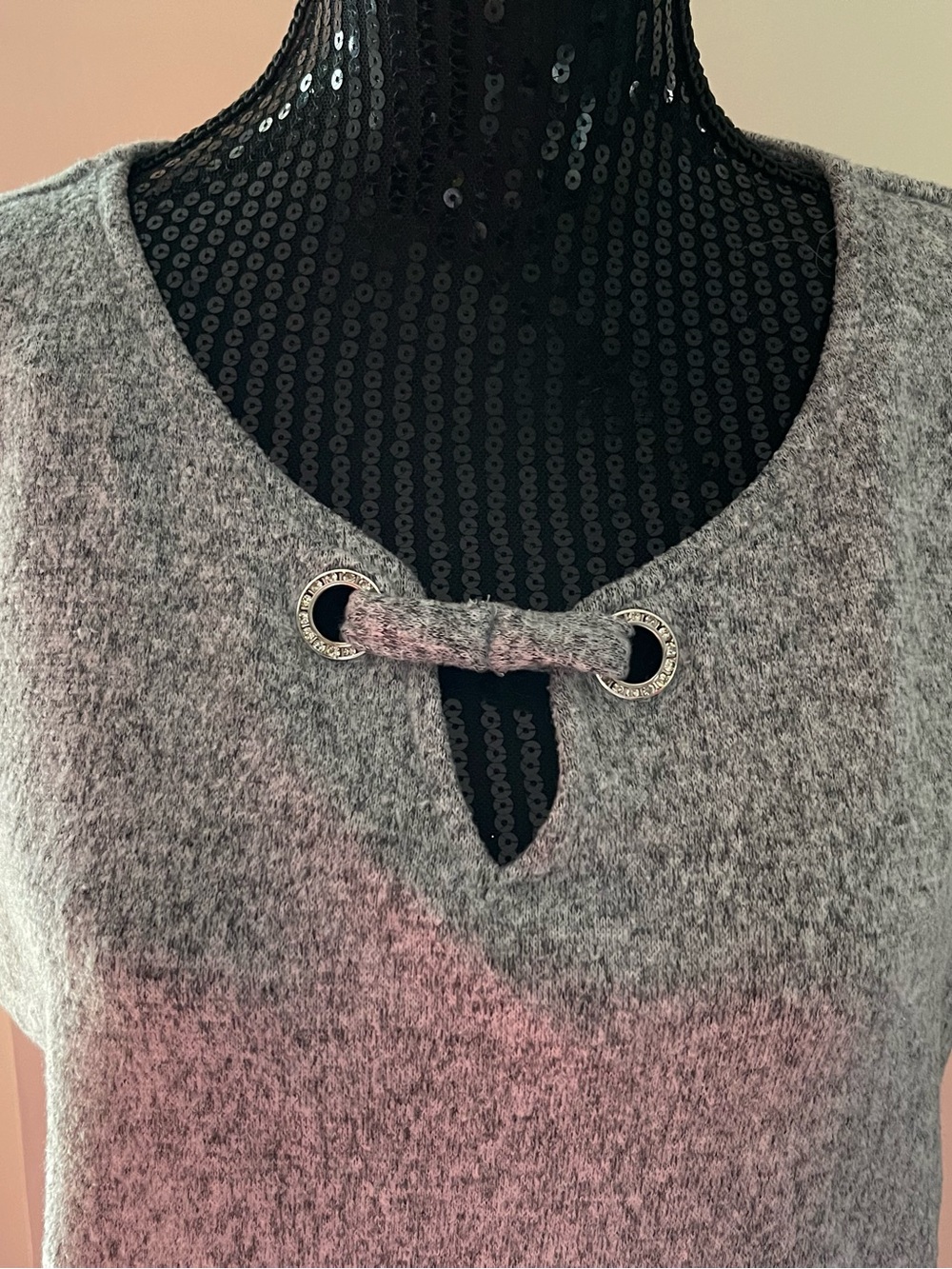 Heathered Grey Short Sleeve Knit Top Jewelled Bling Detail - Picture 2 of 7